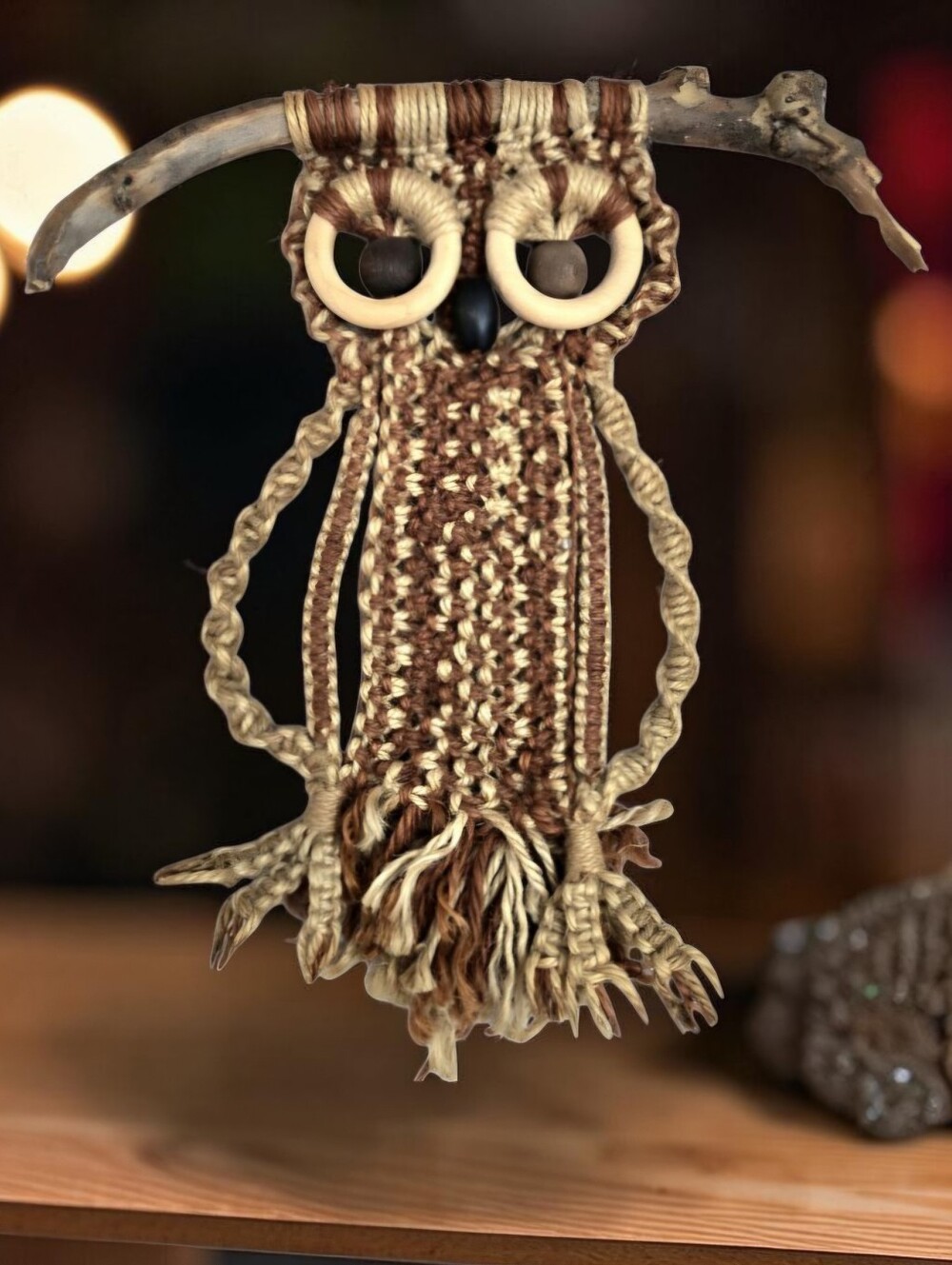Vintage Macrame Owl Handmade Rustic Cabin Decor Halloween Goblincore Fall Forest